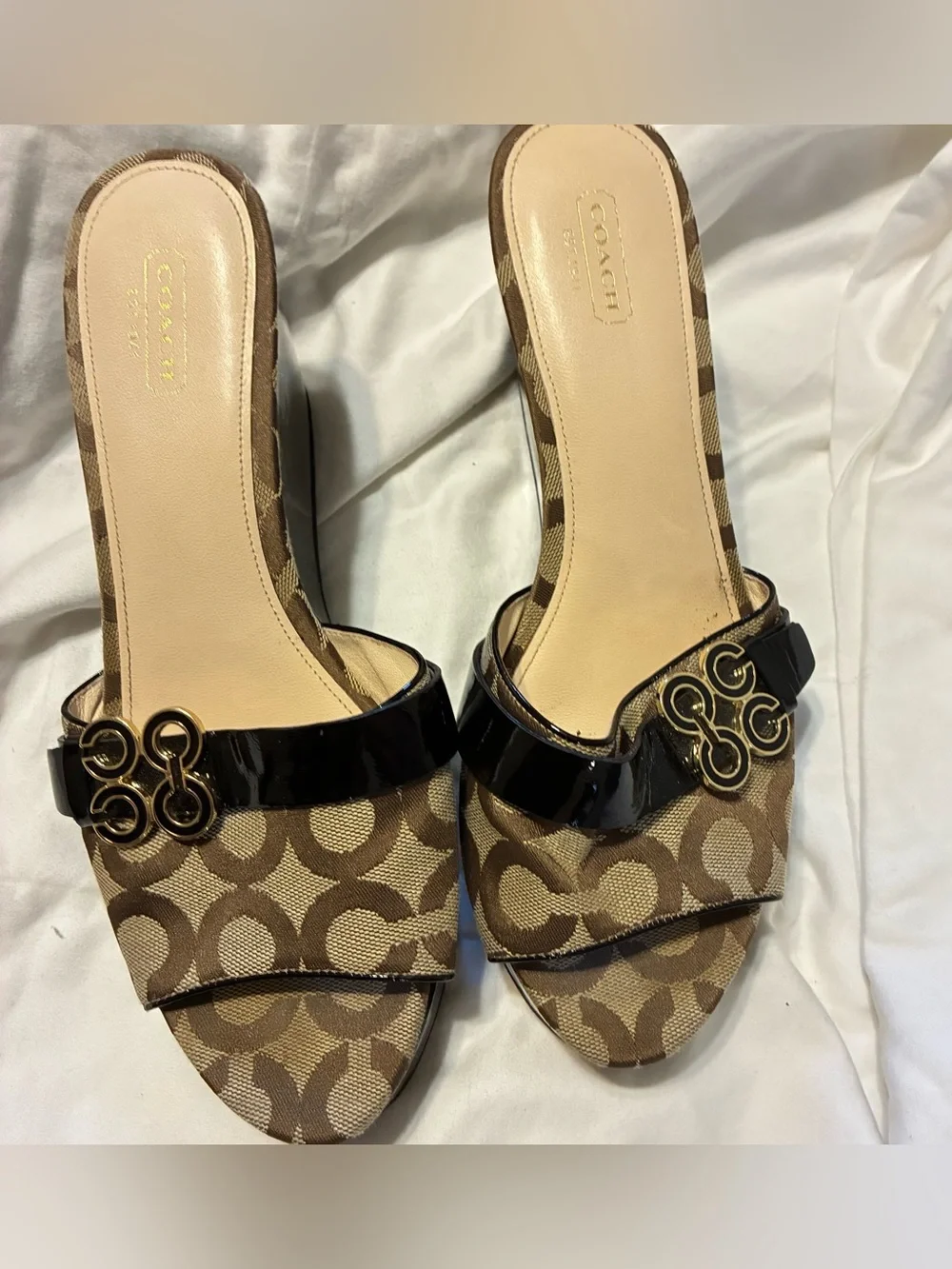 Coach Brown Signature Canvas Mules with Black Patent Accent